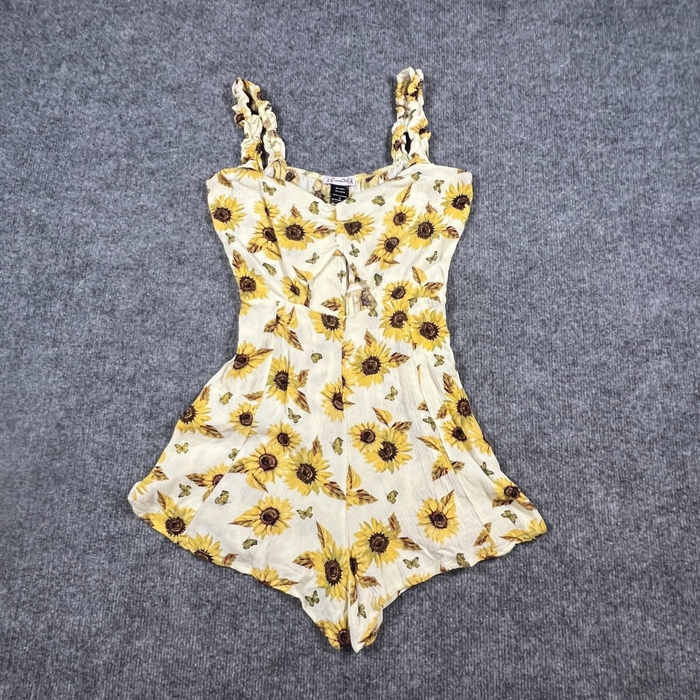 Luna Chix Romper One Piece Women Small Beige Sunflower Print Front Cutout V Neck